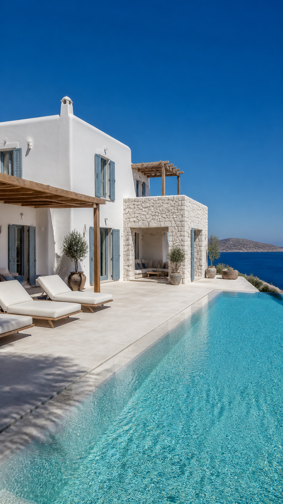 Ornos, Mykonos — Villa blanche contemporaine, piscine à débordement et vue mer.