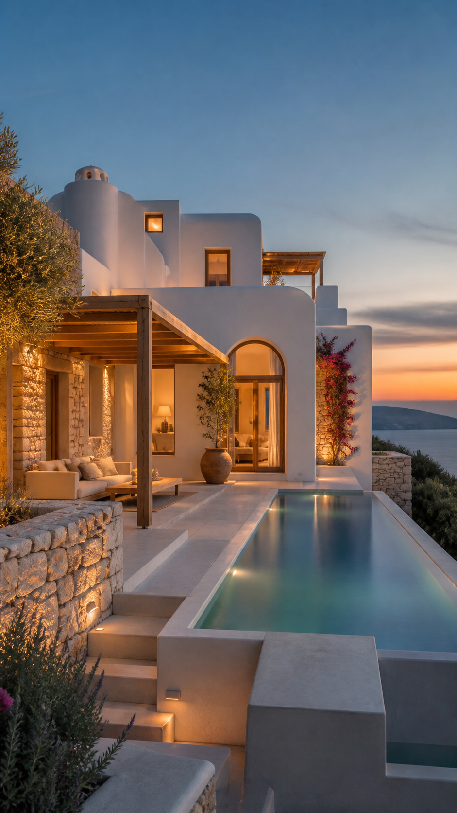 Naoussa, Paros — Architecture cycladique élégante, ambiance chaleureuse au crépuscule.
